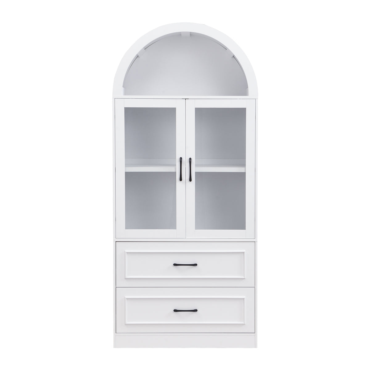 Modern Minimalist Arched Top Storage Cabinet with Tempered Glass Doors, Fixed 2-Tier Shelves, 2 Large Drawers, Soft Close Hinges & Exquisite Metal Handles, White
