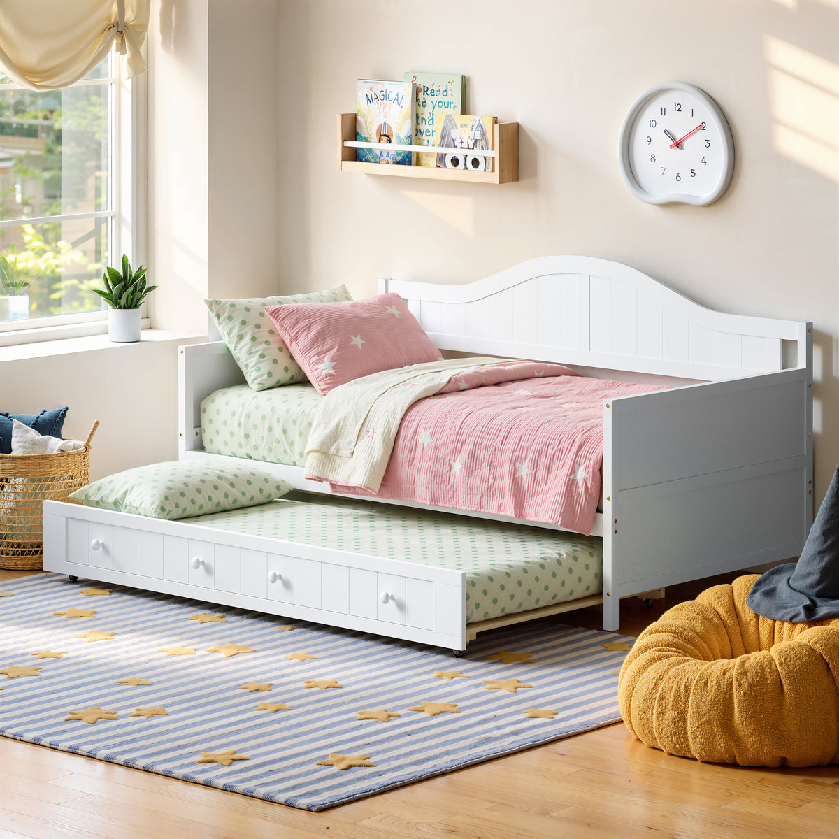 Twin Solid Wood Daybed with Drawer Rolling Trundle, Multi-Purpose Single Sofa Bed for Bedroom Living Room,White