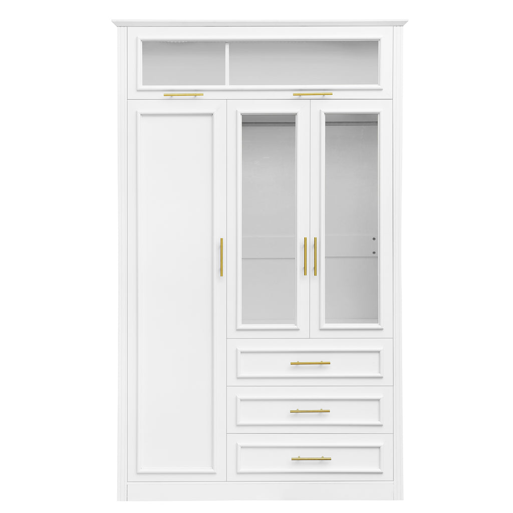 White 3-Door Wardrobe Armoire with LED Lighting and 3 Drawers, Pine Wood + MDF, 47.24''L x 20.47''W x 78.74''H