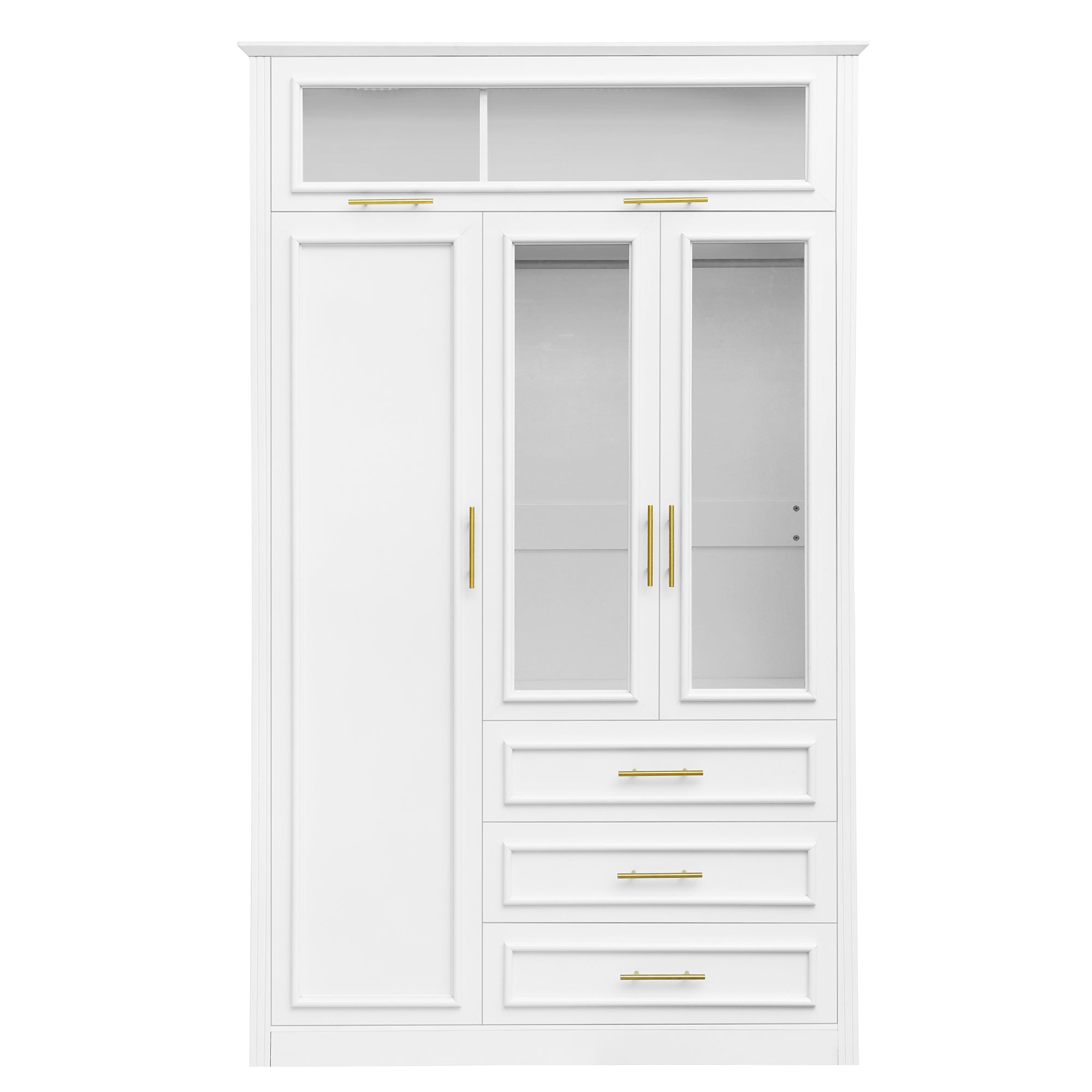 White 3-Door Wardrobe Armoire with LED Lighting and 3 Drawers, Pine Wood + MDF, 47.24''L x 20.47''W x 78.74''H