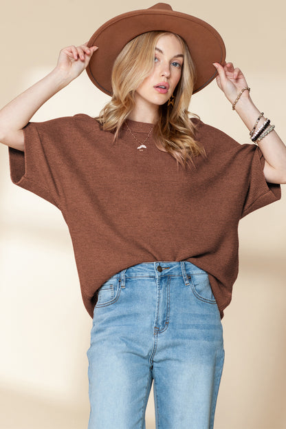 Coffee Mock Neck Short Batwing Sleeve Sweater - Eloy Royal