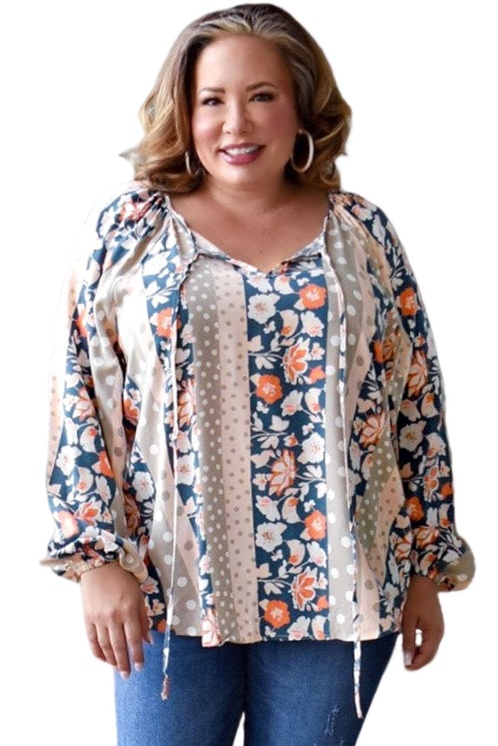 Multicolor Plus Size Mixed Print Split Neck Blouse - Eloy Royal