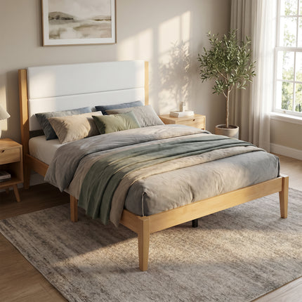 Mid-Century Modern Platform Bed Frame with Upholstered Headboard, Solid Wood Slat Support, No Box Spring Needed, Easy Assembly, Full Size, Natural