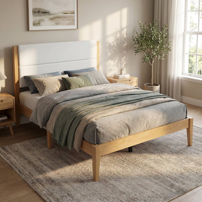 Mid-Century Modern Platform Bed Frame with Upholstered Headboard, Solid Wood Slat Support, No Box Spring Needed, Easy Assembly, Full Size, Natural