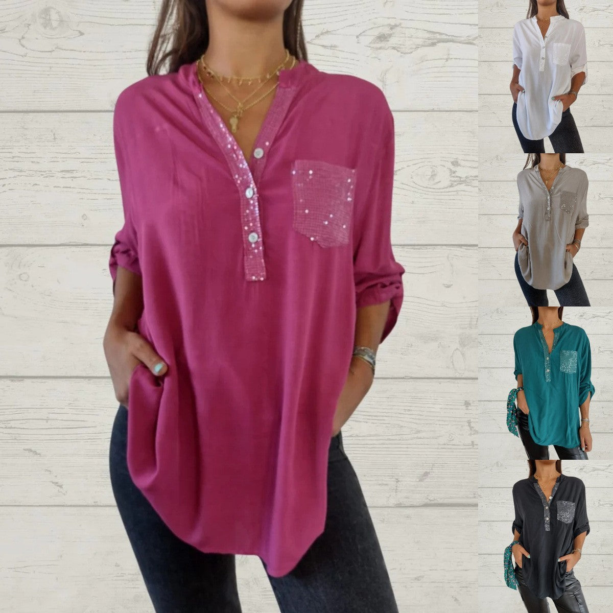 Women's Casual V-neck Pocket Patchwork Sequin Shirt