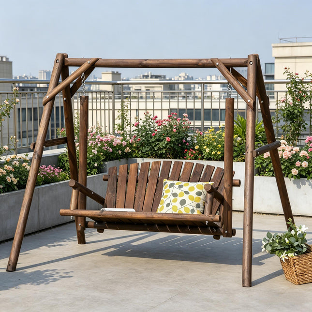 2-Seat Wooden Swing Bench, Ergonomic Design, 'A' Frame Construction, Stable and Non-Slip, Solid Wood Frame Log Garden Swing