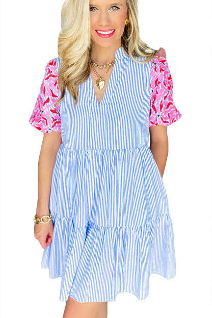 Sky Blue Stripe Floral Puff Sleeve Ruffle Tiered Dress - Eloy Royal