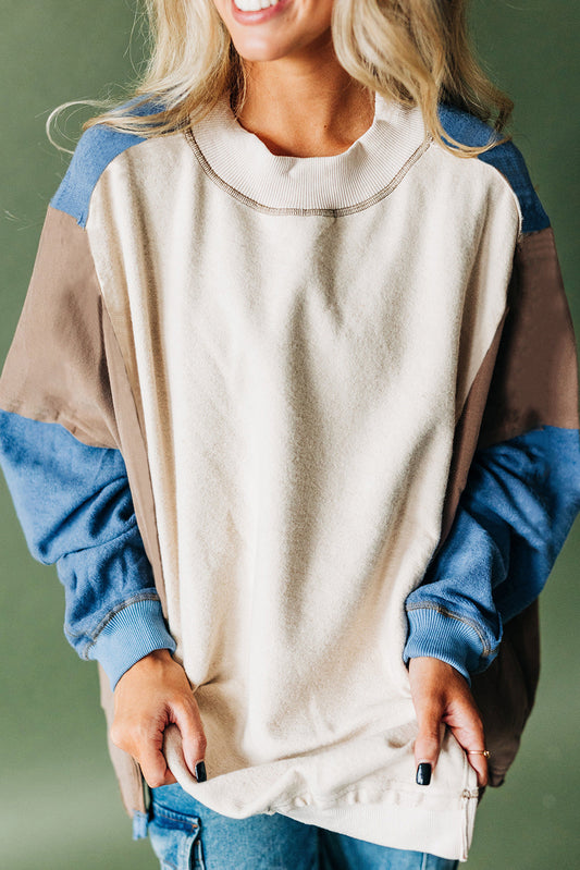 Sky Blue Colorblock Exposed Seam Patchwork Oversized Sweatshirt