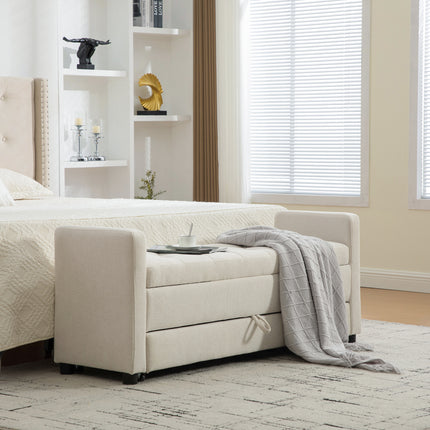 58.27' Wide Modern Upholstered Storage Bench With Double Storage Space, Napped fabric Foot Stool With Rolled Armrest For Living Room,Entryway,Dormitory,Bedroom,Beige