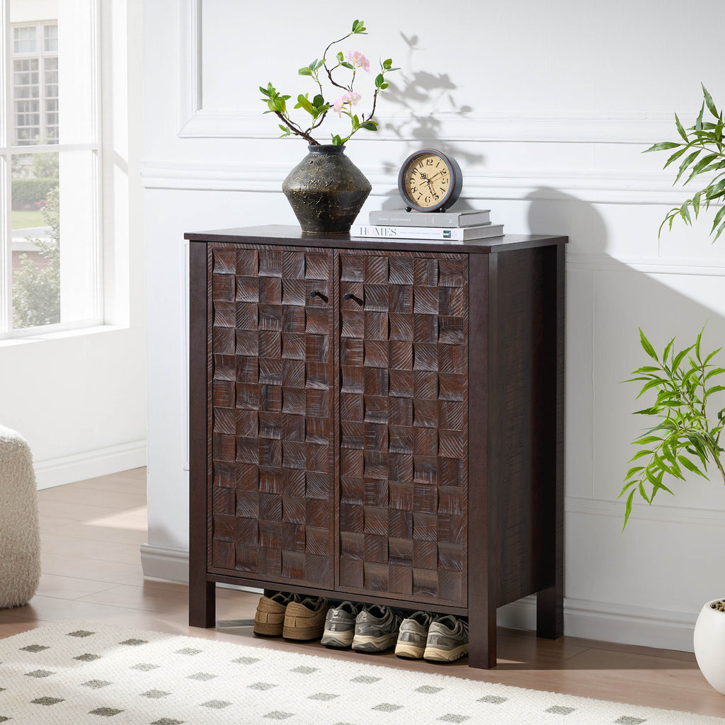 Two door geometric 3D decals shoe storage cabinet console table four shelves Dark Oak Wood color