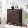 Two door geometric 3D decals shoe storage cabinet console table four shelves Dark Oak Wood color