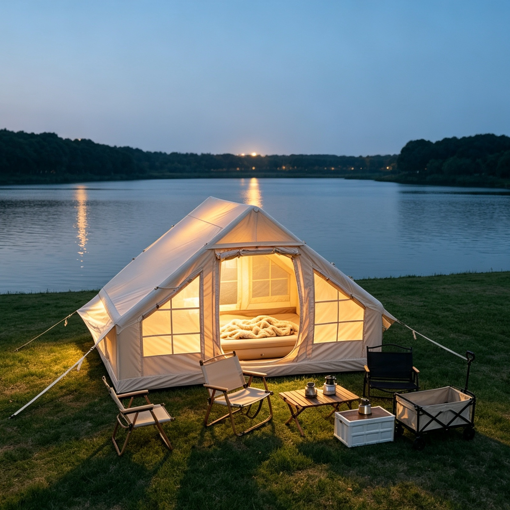 6.3m ² Inflatable Camping Tent , 4 Season Waterproof Windproof, Clear Skylight & 420D Oxford Waterproof, Air Tent with Mesh Windows/Doors