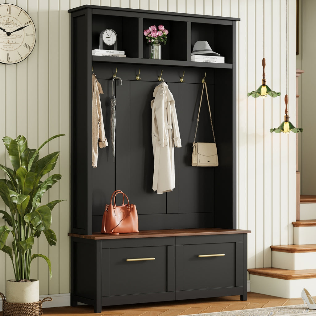 ON-TREND Versatile 4-in-1 Hall Tree with 6 Golden Hooks, Wood Grain Bench with Multiple Storage Space, Entryway Coat Rack with 2 Drawers for Living Room, Hallway, Black, 76.6''H (OLD SKU:N721S000056B)