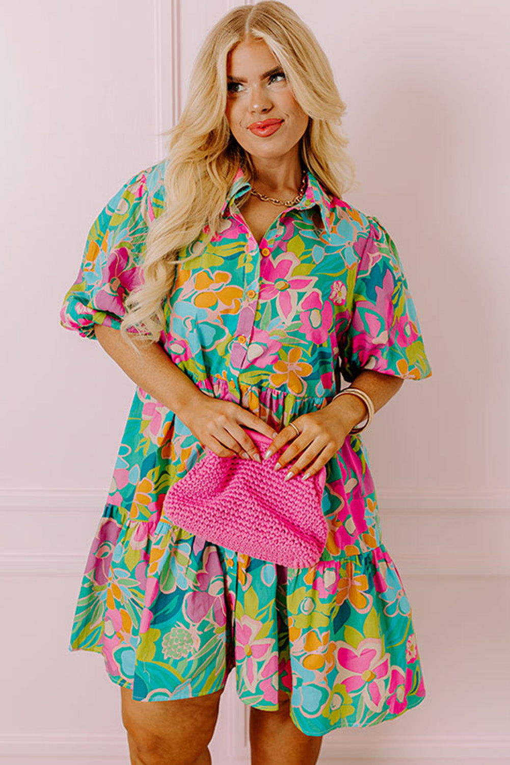 Green Plus Floral Print Puff Sleeve Tiered Shirt Dress - Eloy Royal