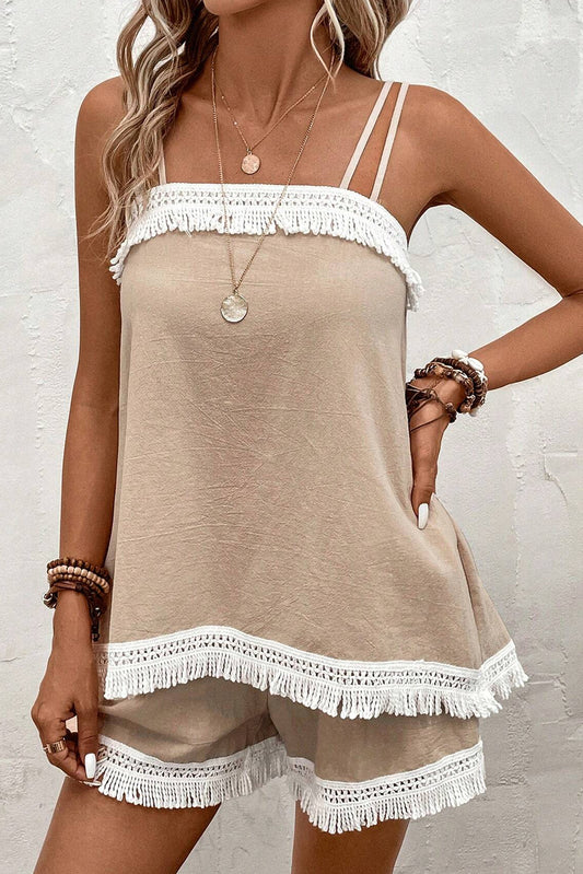 Pale Khaki Fringe Splicing Cami Top and Shorts Set - Eloy Royal