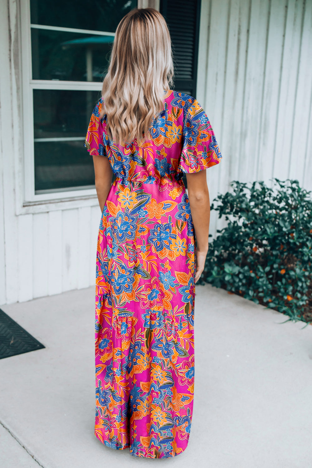 Wholesale Rose Boho Abstract Print V Neck Short Sleeve Maxi Wrap Dress - Eloy Royal