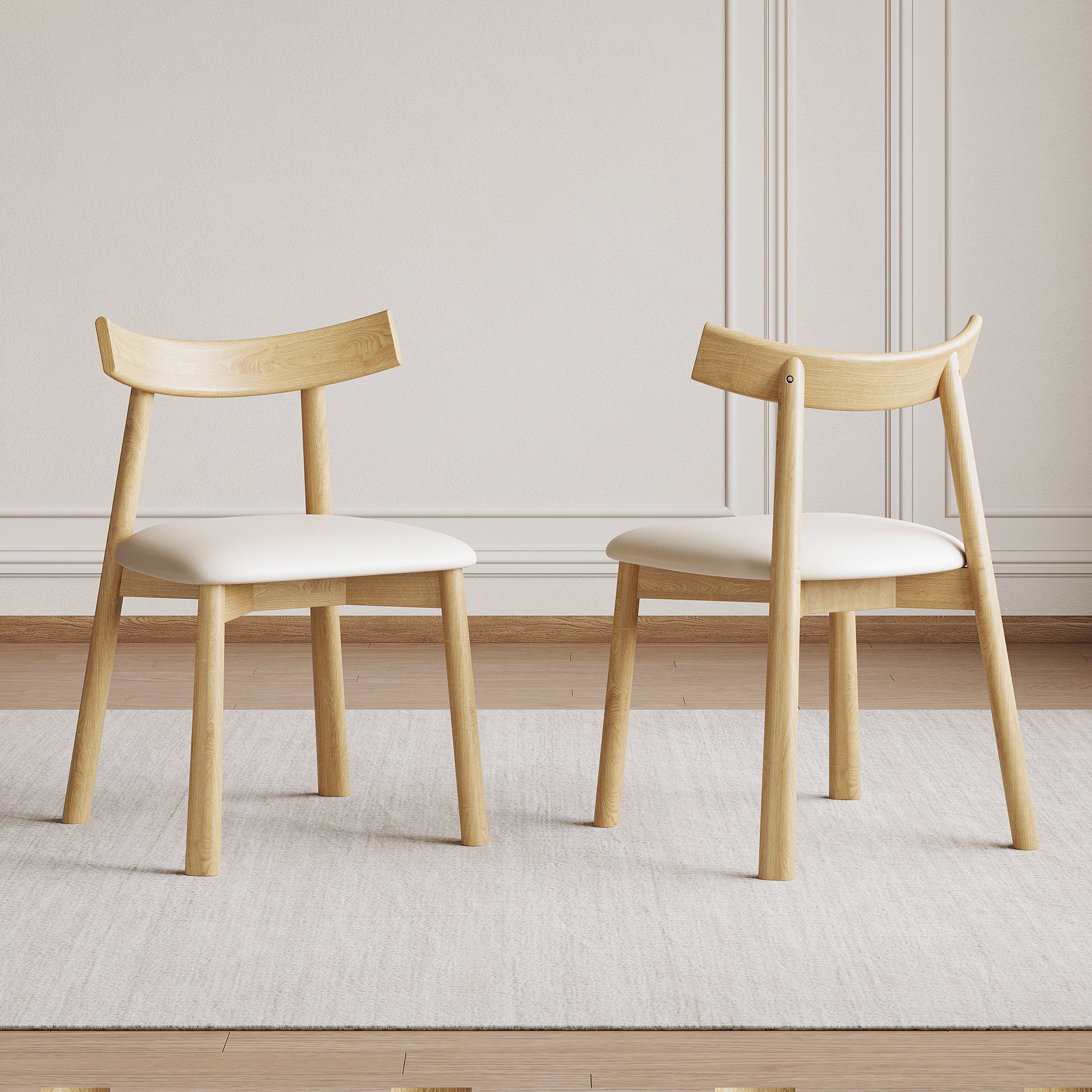 Set of 2 Modern Dining Chairs in Natural Wood, Ergonomic Armless Kitchen Chairs with Thick Leather Cushions & Curved Backrest, Sturdy Wooden Leg Chairs for Restaurant, Cafe, Bedroom