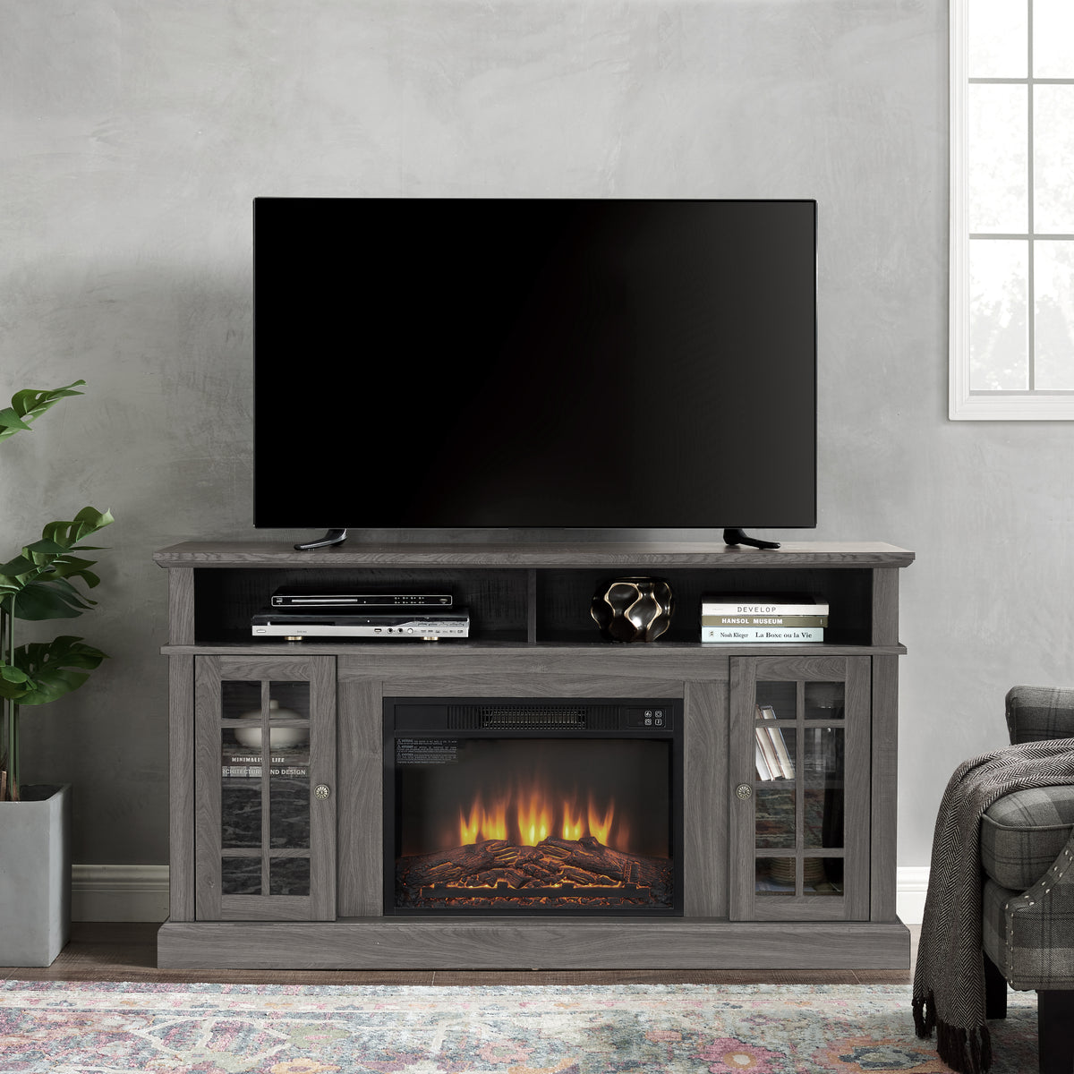 Classic TV Media Stand Modern Entertainment Console with 23' Fireplace Insert for TV Up to 65' with Open and Closed Storage Space, Dark Walnut/Black, 58.25'W*15.75'D*32'H