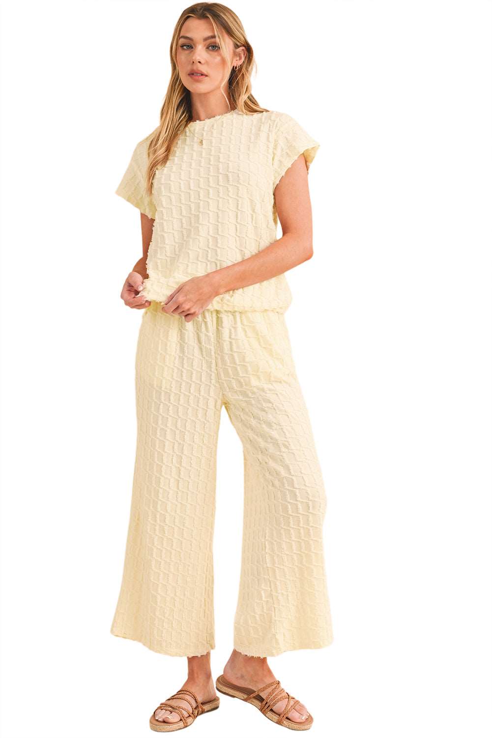 Apricot Lattice Textured Tee and Wide Leg Pants Two-Piece Set