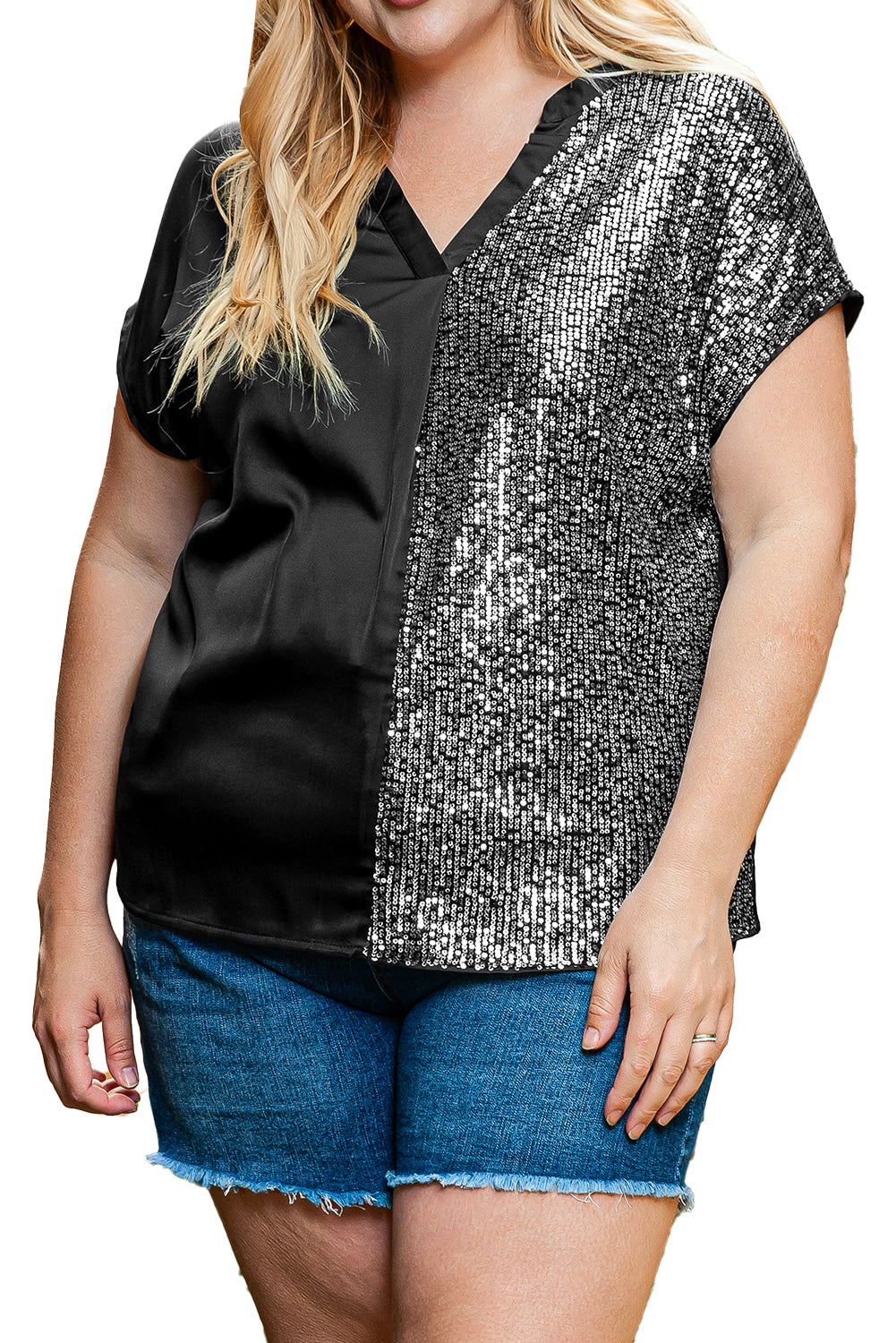 Wholesale Black Plus Size Sequined V Neck Tee - Eloy Royal