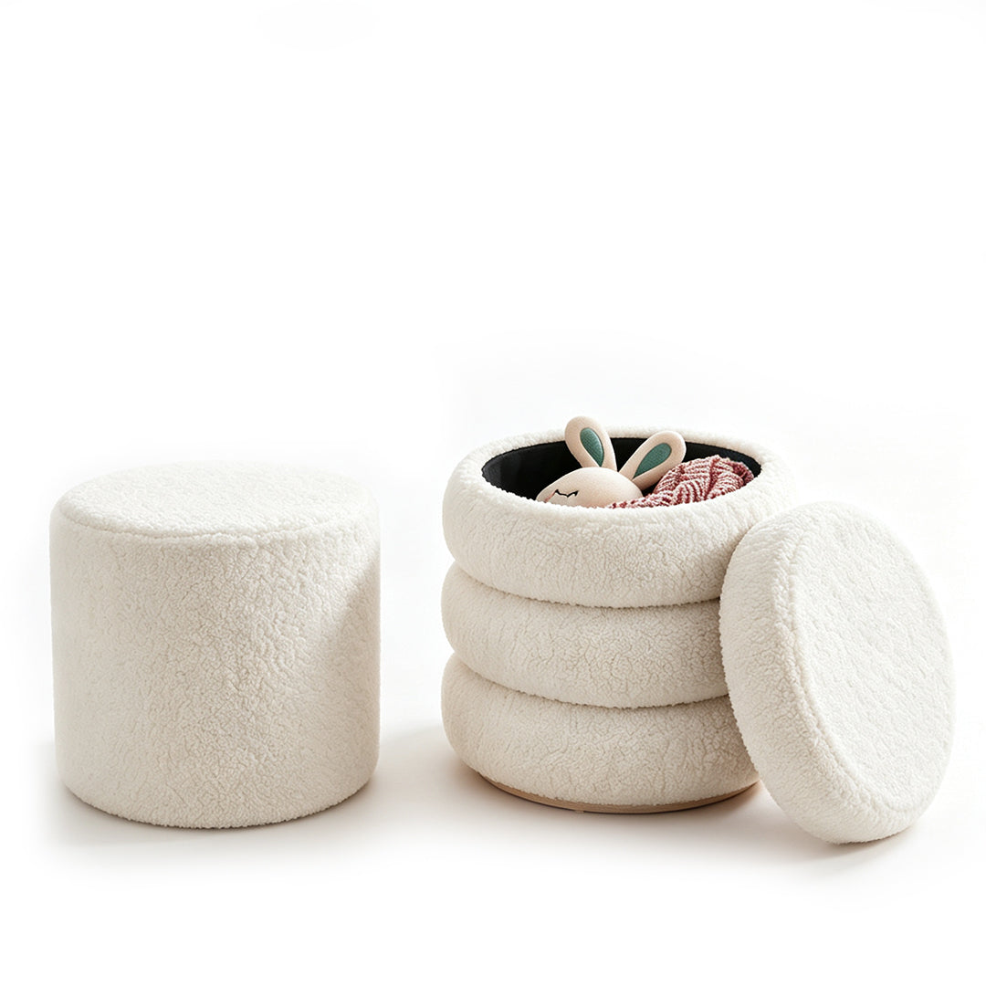 Round Ottoman with Storage Boucle Ottoman (Beige)   Storage Removable Lid for Living Room Modern Vanity Sorage Stool Foot Rest Bedroom Set of 2
