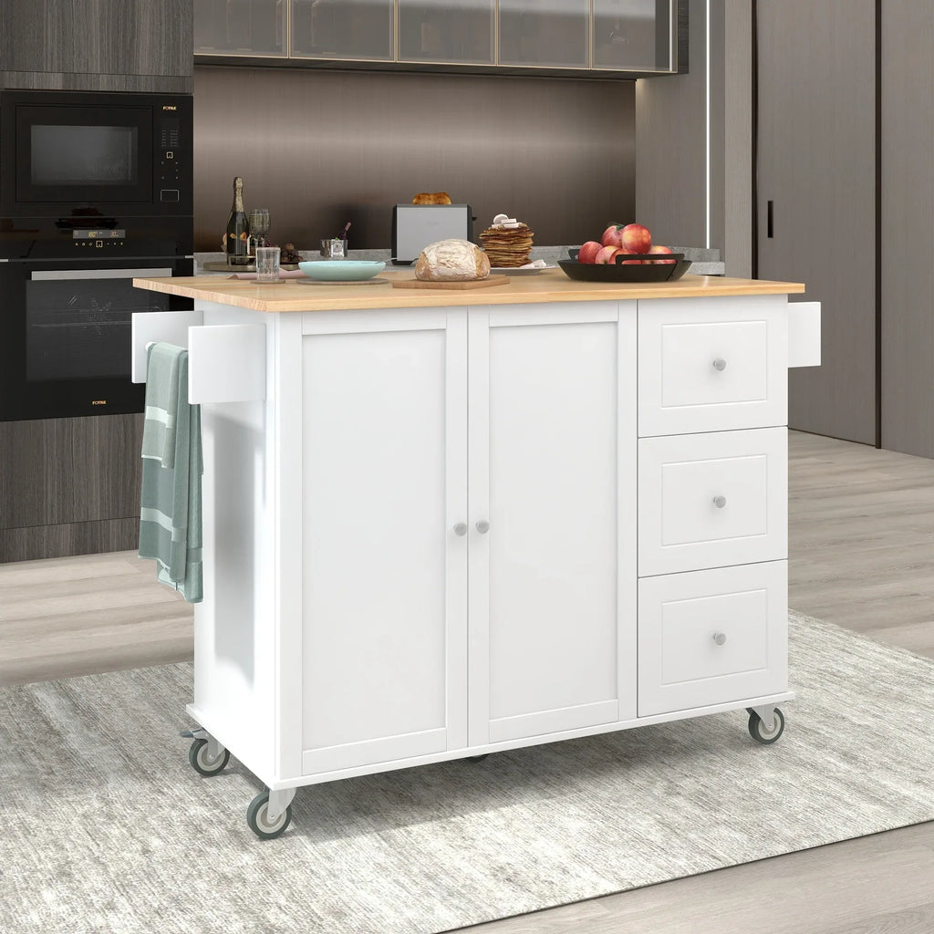 Rolling Mobile Kitchen Island with Solid Wood Top and Locking Wheels,52.7 Inch Width,Storage Cabinet and Drop Leaf Breakfast Bar,Spice Rack, Towel Rack & Drawer (White) - Eloy Royal