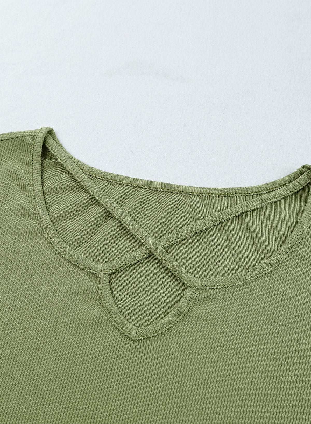 Army Green Casual Crisscross Ribbed Knit  Plus Size Tee