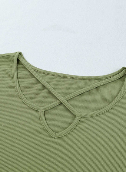 Army Green Casual Crisscross Ribbed Knit  Plus Size Tee