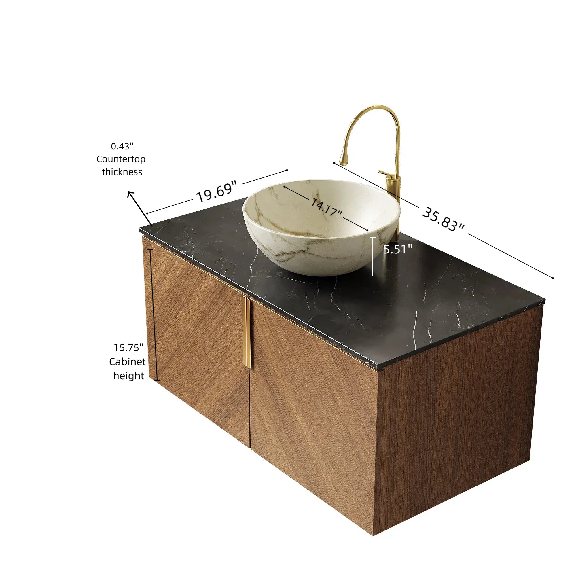ARAI 36' Bathroom Vanity & Sink, Floating Plywood Bathroom Storage Cabinet with Double Doors, Black Sintered Stone Countertop & White Bowl Ceramic Basin with Stone Pattern, Brown Oak Woodgrain Color - Eloy Royal