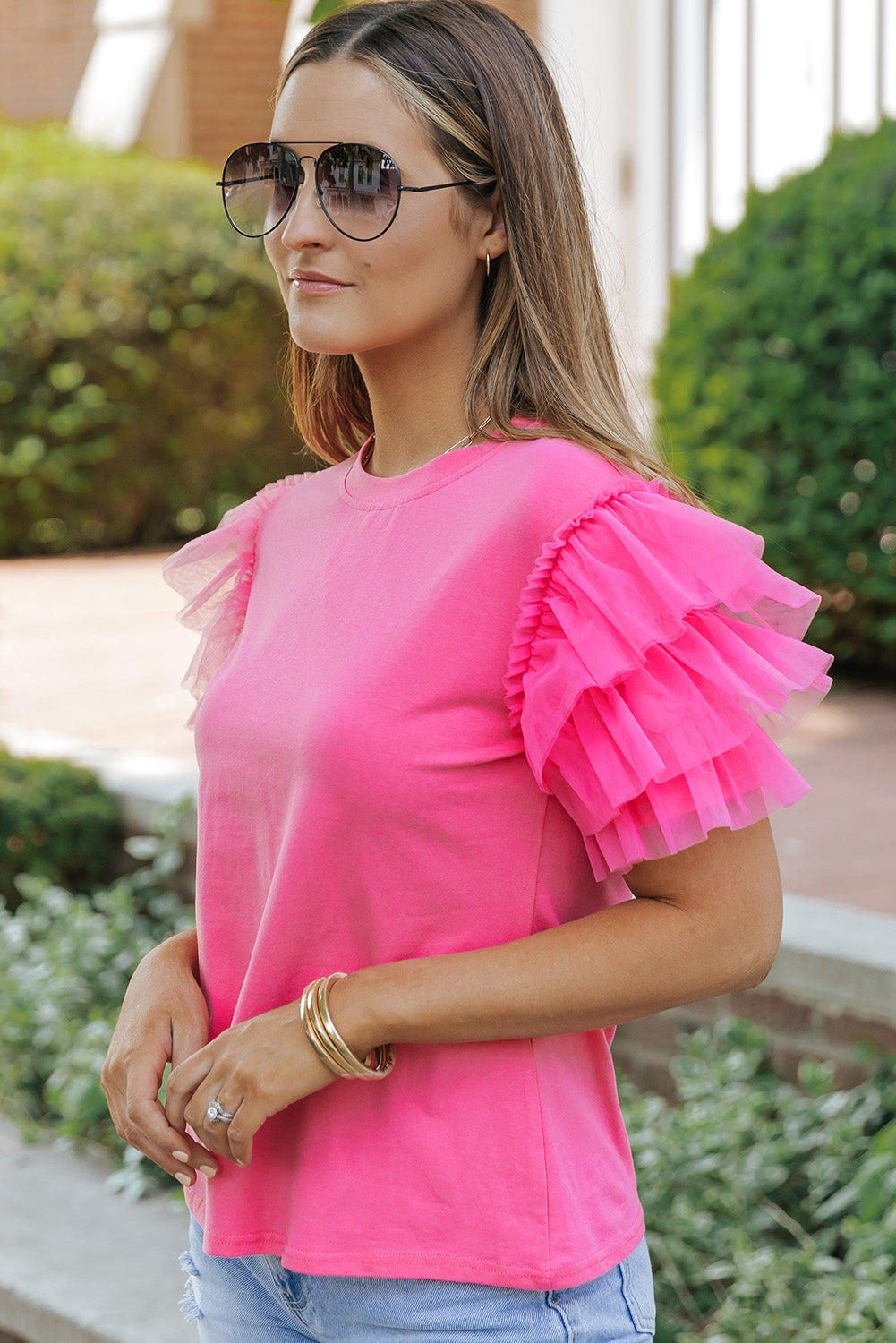 Pink Plain Round Neck Tulle Ruffle Sleeve Blouse - Eloy Royal