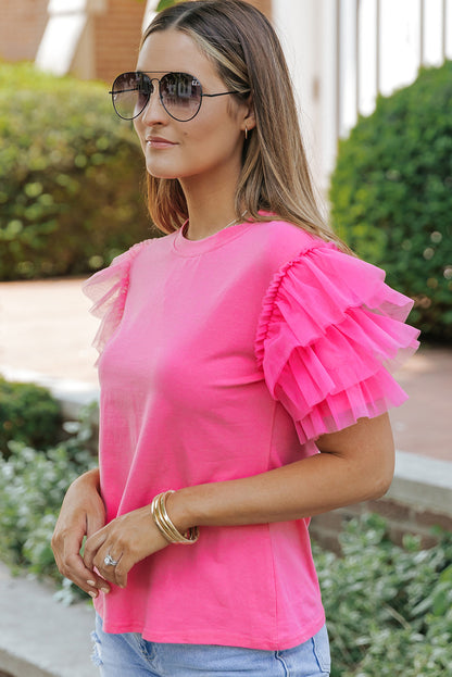 Pink Plain Round Neck Tulle Ruffle Sleeve Blouse - Eloy Royal