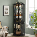 Lighted Corner Curio Cabinet with Tempered Glass Doors & Shelves - Elegant Oak Display Storage for Living Room & Bedroom Decor-BLACK