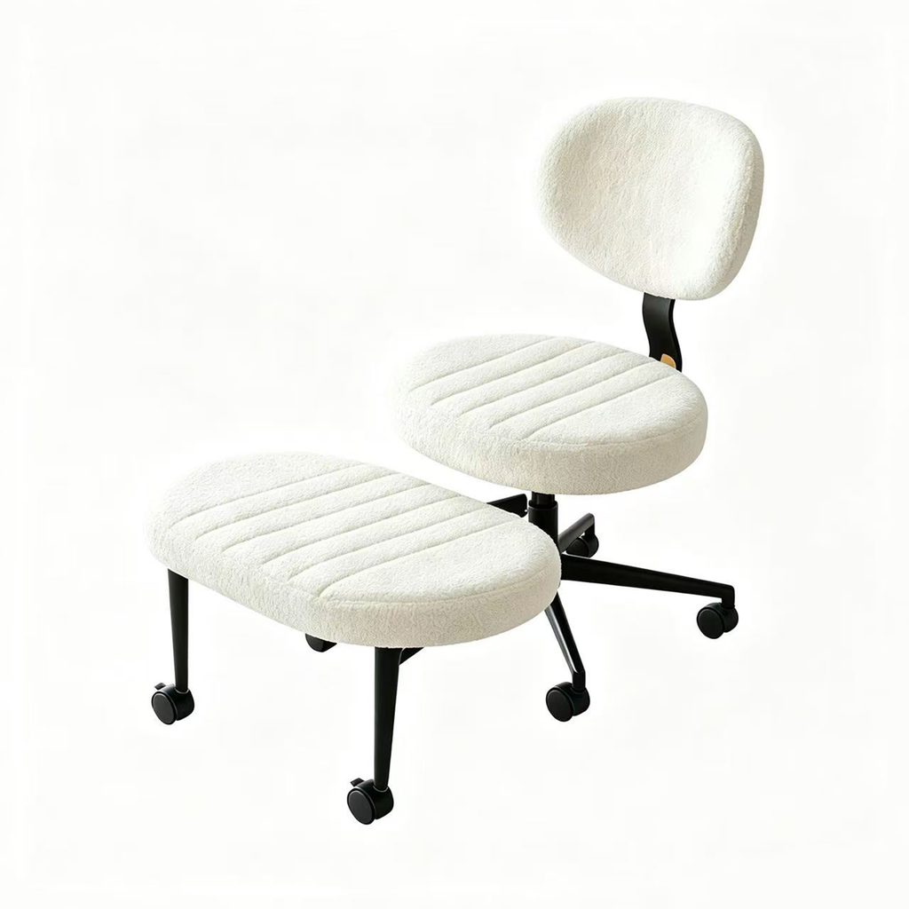 Ergonomic Cross-Legged Office Chair with Back Support, Cream Velvet Multi-Position Desk Chair for Adults, White