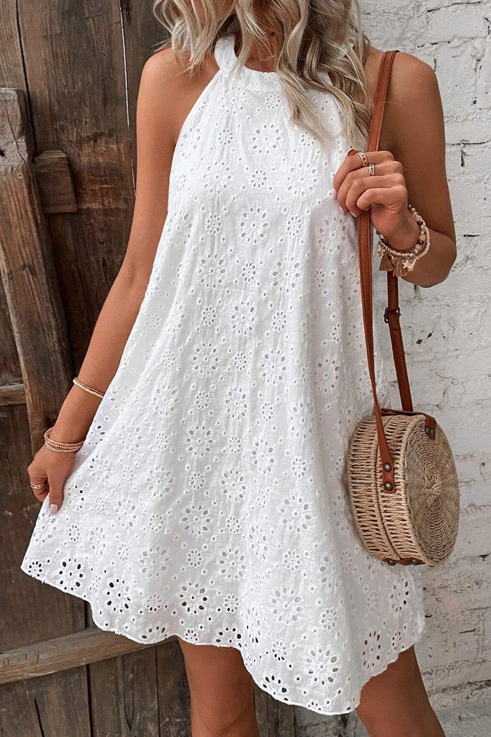 White Lace Eyelet Sleeveless O-Neck Keyhole Back Mini Dress - Eloy Royal