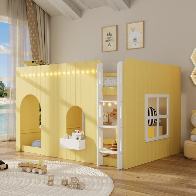 Full Size Kids Loft Bed with Warm LED Light String, Primrose Yellow