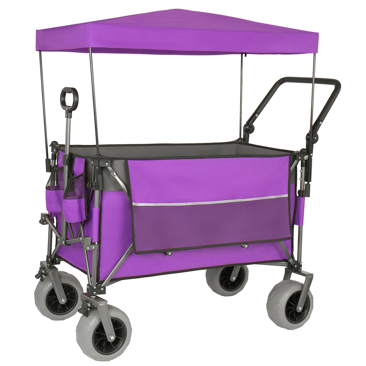 Multi-Functional Push-Pull Folding Wagon Cart with Rotating Handle & Canopy, 9'x4' Beach Tires for Camping & Beach, Load Capacity 480lbs, 300L Large Capacity for Transport, Groceries, Outdoor Use