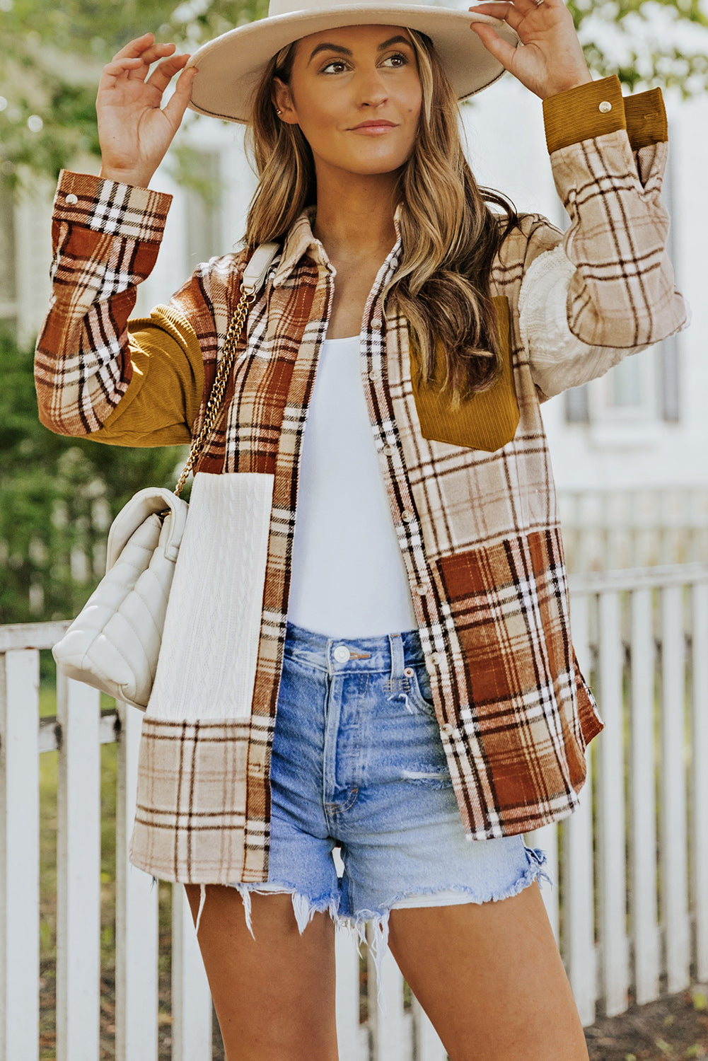 Orange Plaid Color Block Patchwork Pocket Shirt Shacket - Eloy Royal