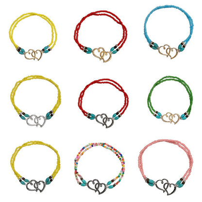 Fashion Vacation Style Alloy Double Heart Bead Turquoise Double Elastic Anklet