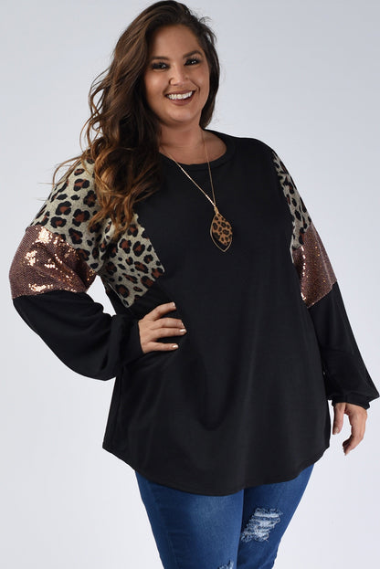 Wholesale Black Plus Size Leopard Sequin Patchwork Long Sleeve Top - Eloy Royal