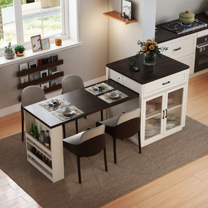 83.1'' Extendable Kitchen Island with Slide Out Table and Storage Racks for 2-6 Person,Kitchen Island with Tempered Glass Doors,Walnut Woodgrain Dining Table,Power Outlet,Bar,Prep Station(Cream White)
