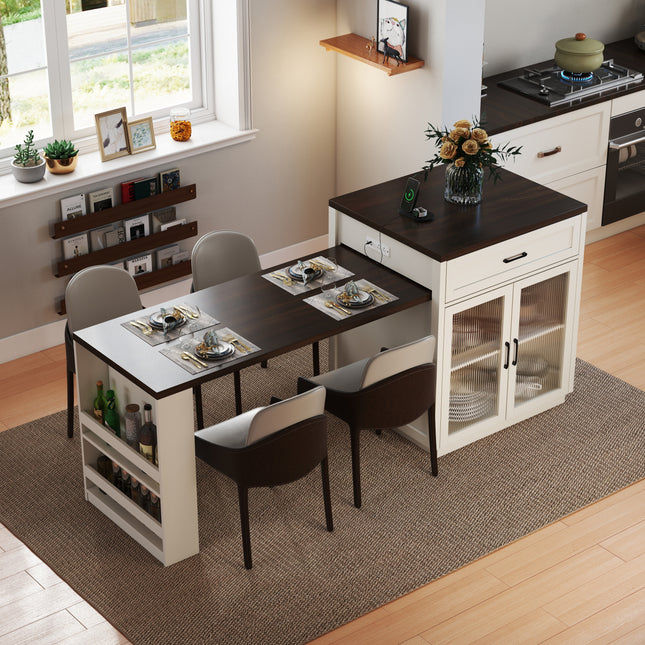 83.1'' Extendable Kitchen Island with Slide Out Table and Storage Racks for 2-6 Person,Kitchen Island with Tempered Glass Doors,Walnut Woodgrain Dining Table,Power Outlet,Bar,Prep Station(Cream White)