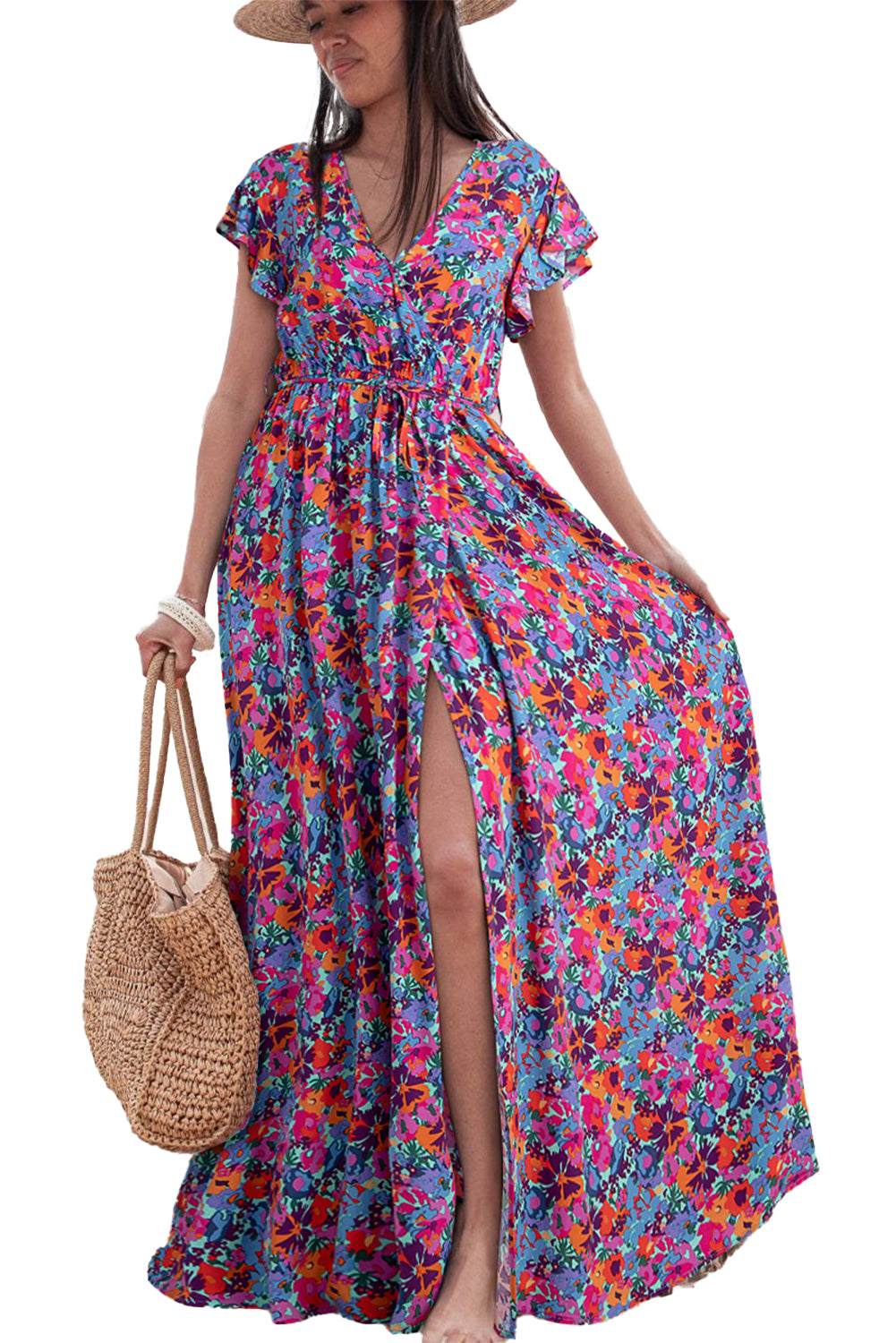 Wholesale Blue Boho Floral Print V Neck Wrap Split Maxi Dress - Eloy Royal