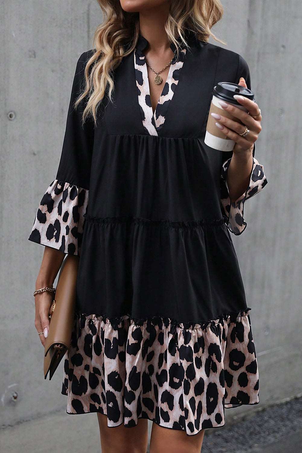 Black Leopard Trim V Neck Ruffled Sleeve Flared Dress