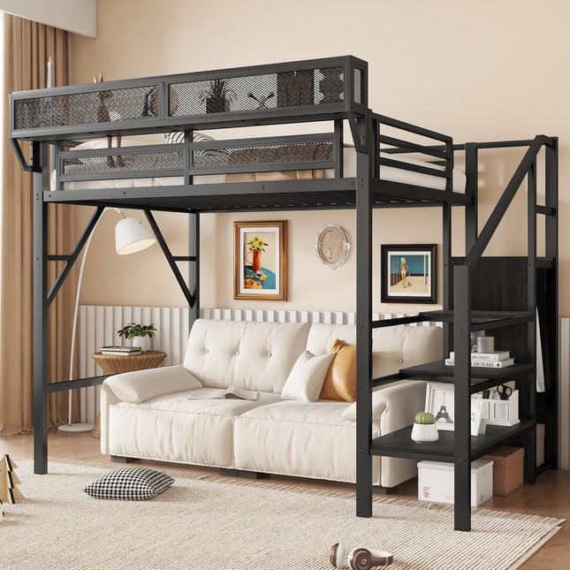 Twin Size Loft Bed with Stairs, Metal Full Loft Bed with Storage Shelves, High Loft Bed with Wardrobe for Kids Teens, Black(OLD SKU W2580S00035 )