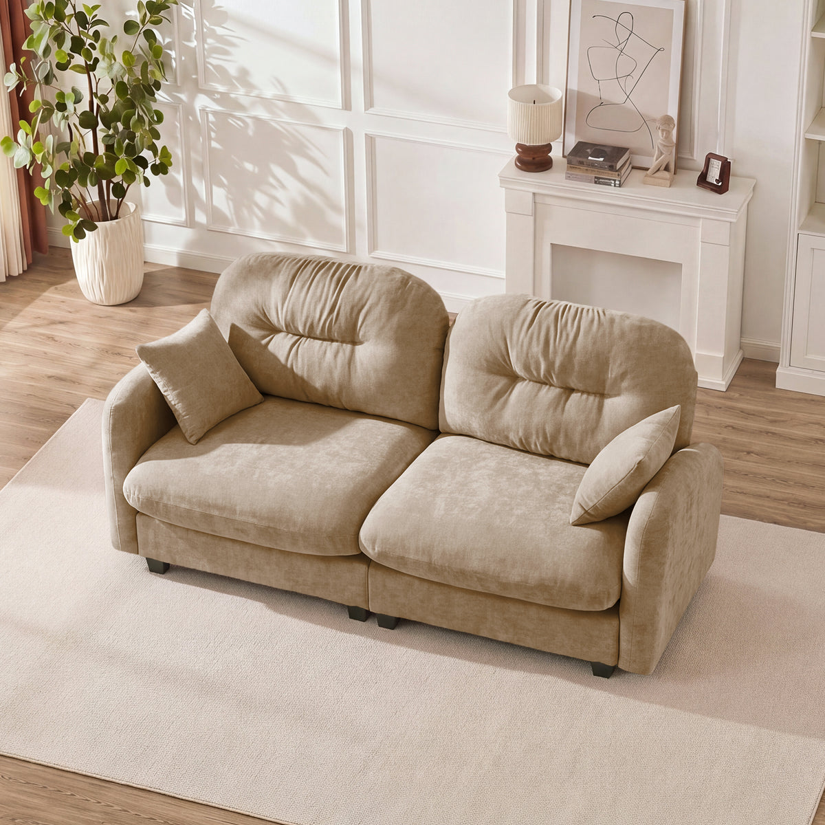 Loveseat Cloud Sectional Couches Chenille Fabric,Quilted Pleated Design, Ergonomic Design,High-Density Foam Easy Install Elegant Armrests High Quality Wooden Base,Fits Living Rooms,Camel