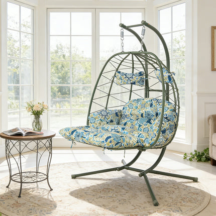 2 Person Hanging Egg Chair with Stand, Double Outdoor Wicker Swing Chair with Adjustable Footrest & Thickened Cushions for Patio Garden Balcony