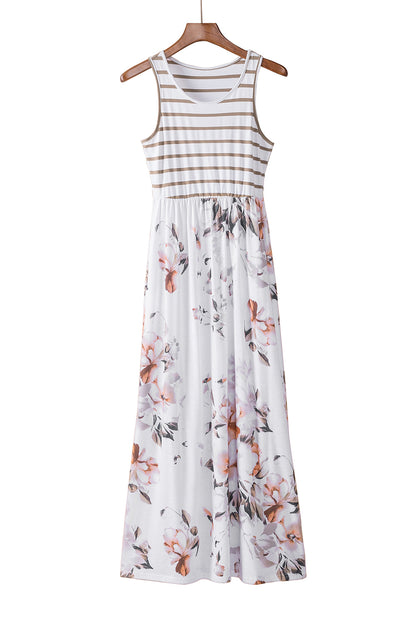 White Boho Stripes & Floral Print Floor Length Tank Dress - Eloy Royal