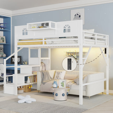 Queen Size Loft Bed with Stairs, Metal Queen Loft Bed with High and House Shaped Guardrails, High Loft Bed with Wardrobe for Kids Teens, White(Old SKUW2593S00057 )
