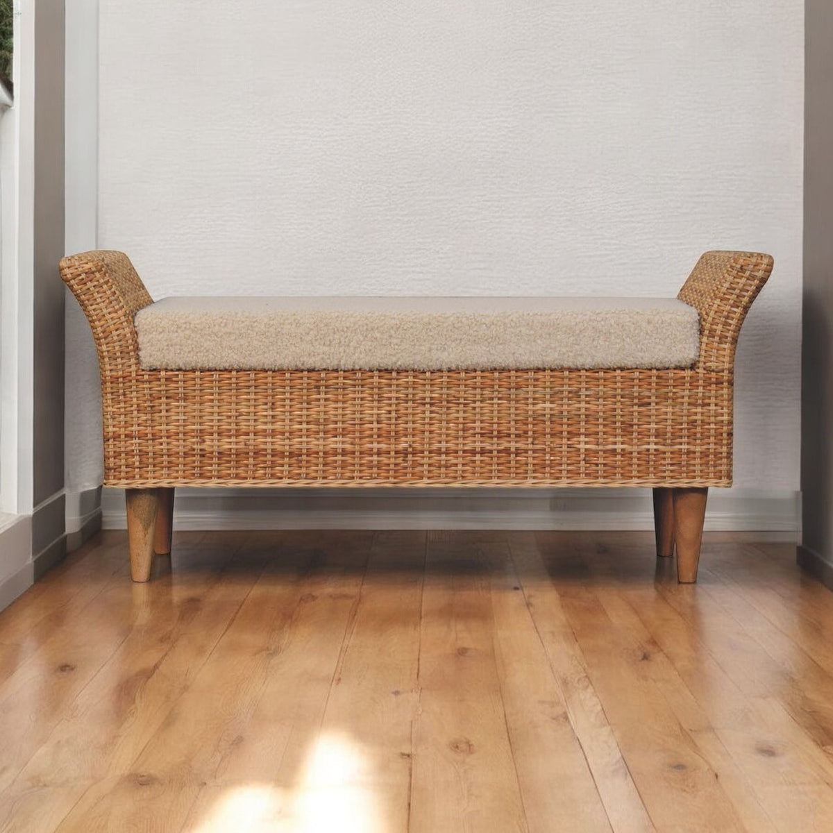 Solid Wood Riviera Woven Bench, Upholstered, Beige and Light Brown