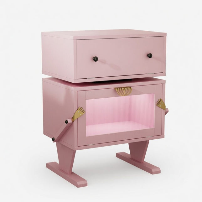 Pink Robot LED Nightstand with 360° Rotating Drawer - Modern End Table in Pink Engineered Wood, 20.7' Wide